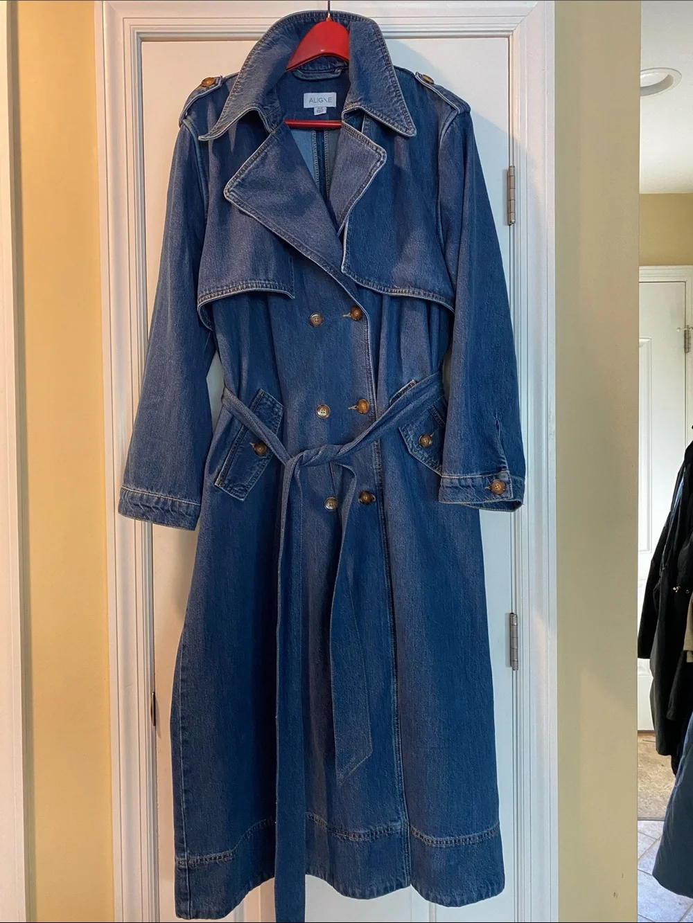 Aligne 💯 Organic Cotton Long Denim Button Down Double Breasted Trench Coat NWOT